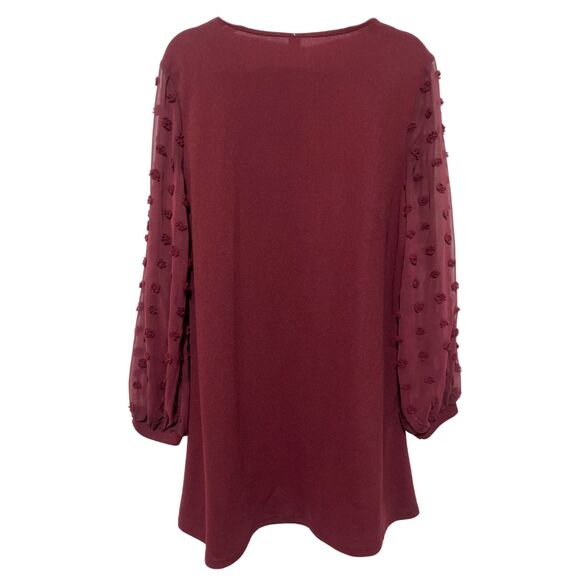 New Elegant Swiss Dot Sheer Long Sleeve A-Line Burgundy Mini Dress Large - Picture 5 of 13